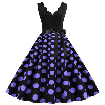 Damen Midi-Kleid Polka-Dots Muster Tailliert Schwarz - Eveloria
