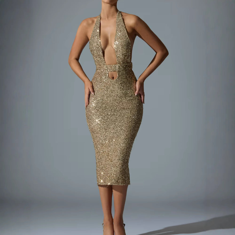 Damen Pailletten-Midi-Kleid V-Ausschnitt Figurbetonter Silhouette