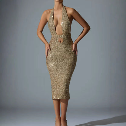 Damen Pailletten-Midi-Kleid V-Ausschnitt Figurbetonter Silhouette