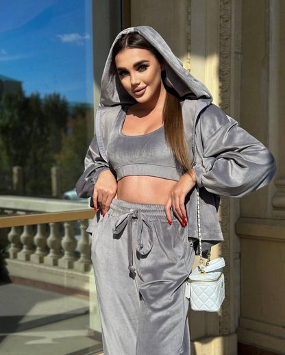 Damen Sportlicher Lounge-Anzug Samt-Look Cropped Oberteil Weite Hose