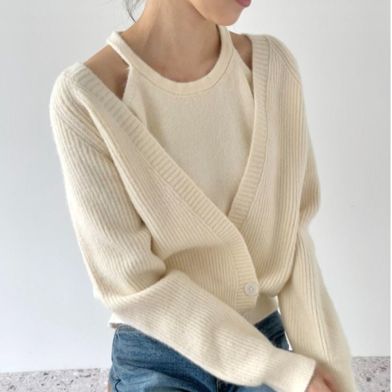 Damen Cropped Strickjacke V-Ausschnitt Knöpfe Beige