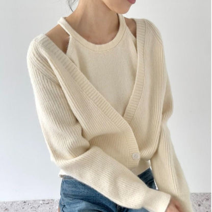 Damen Cropped Strickjacke V-Ausschnitt Knöpfe Beige