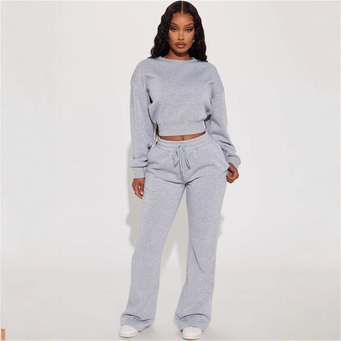 Damen Cropped Sweatshirt Überschnittene Schultern Breiter Saum Grau