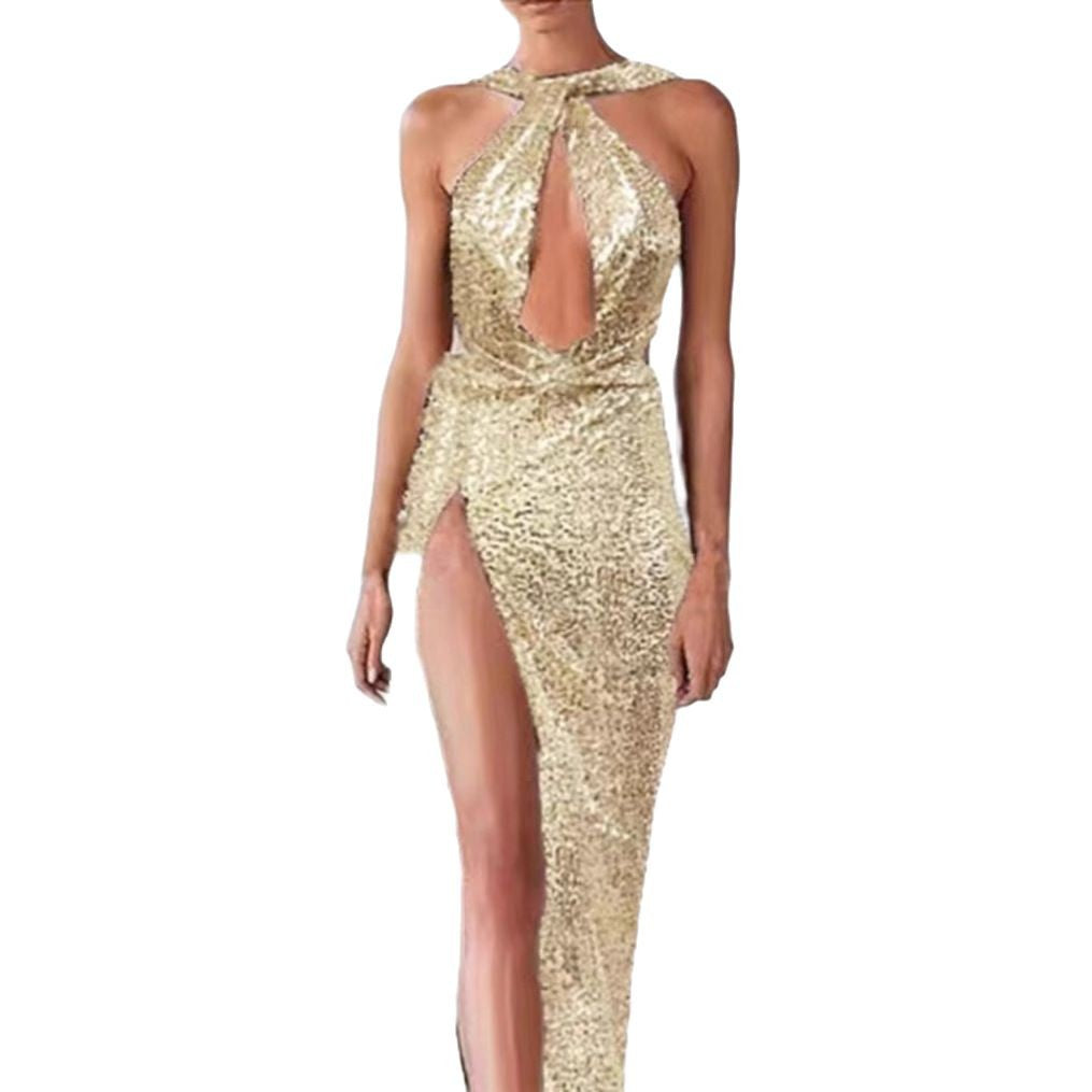 Damen Abendkleid Cut-Out Design Hochschlitz Schimmernd Eveloria