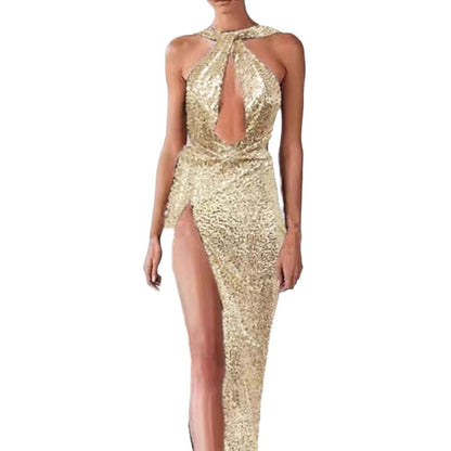 Damen Abendkleid Cut-Out Design Hochschlitz Schimmernd Eveloria