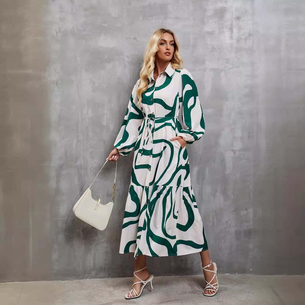 Damen Langarmkleid Musterdruck mit Bindegürtel