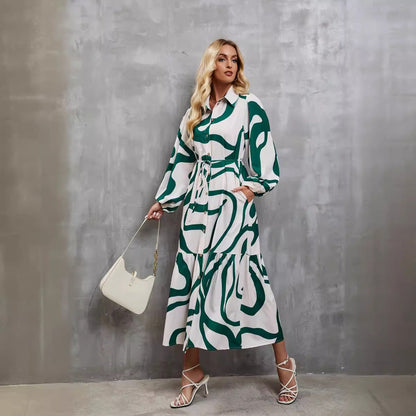 Damen Langarmkleid Musterdruck mit Bindegürtel