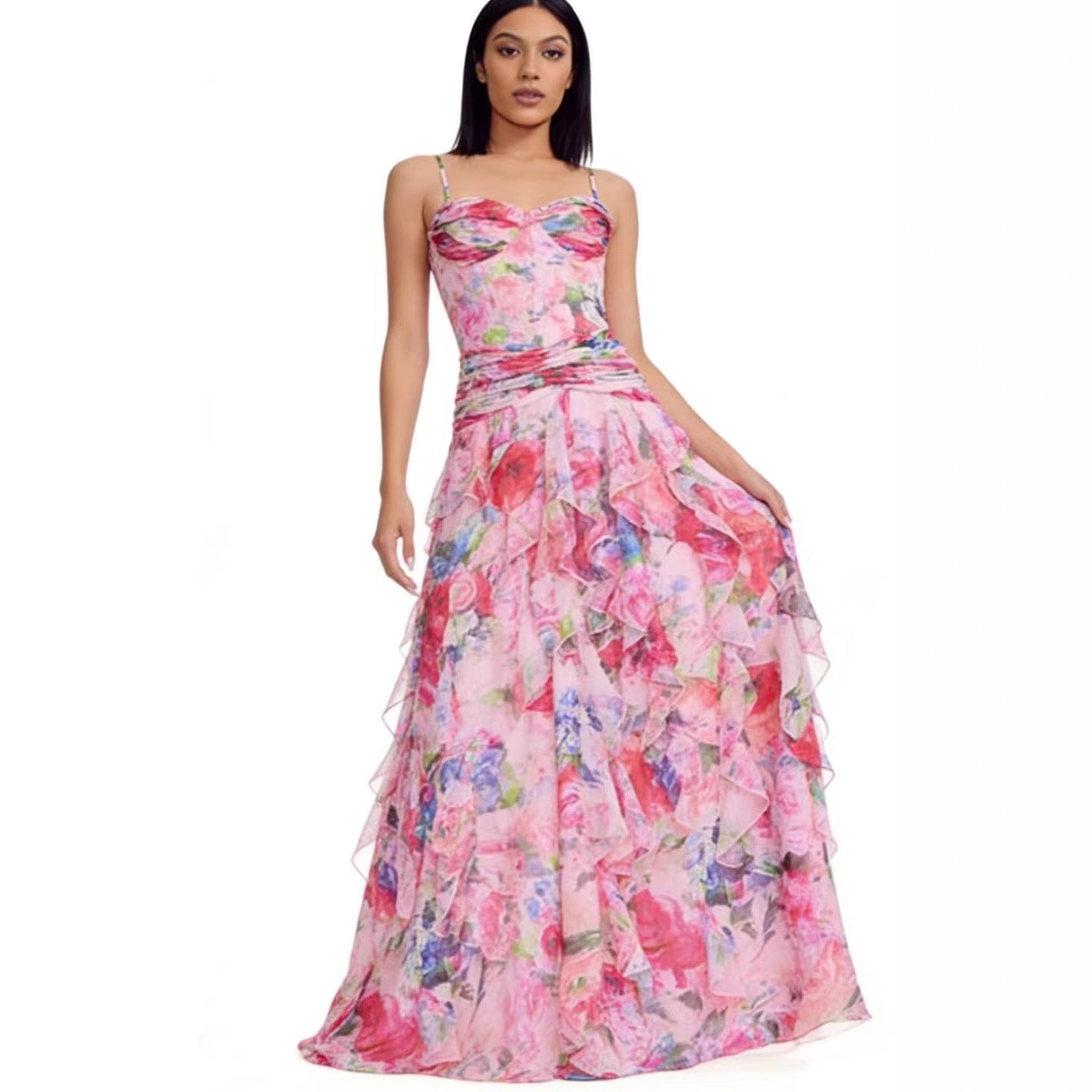 Damen Maxikleid Trägerlos Floralmuster Rüschen - Eveloria