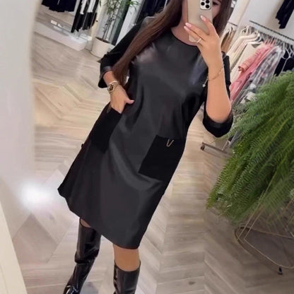 Damen Lederkleid Elegantes Design Reißverschlusstaschen Schwarz - Eveloria