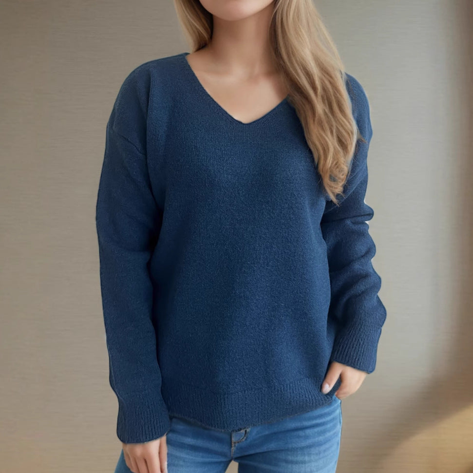 Damen Pullover V-Ausschnitt Weiches Strickmaterial Beige