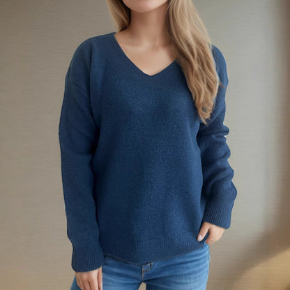 Damen Pullover V-Ausschnitt Weiches Strickmaterial Beige