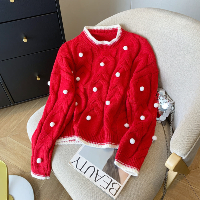 Damen Strickpullover Doppelter Zopf Dekorative Pompons