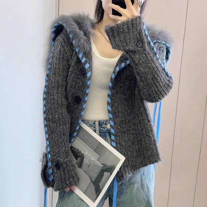 Damen Strickjacke mit Kapuze und Kunstfell