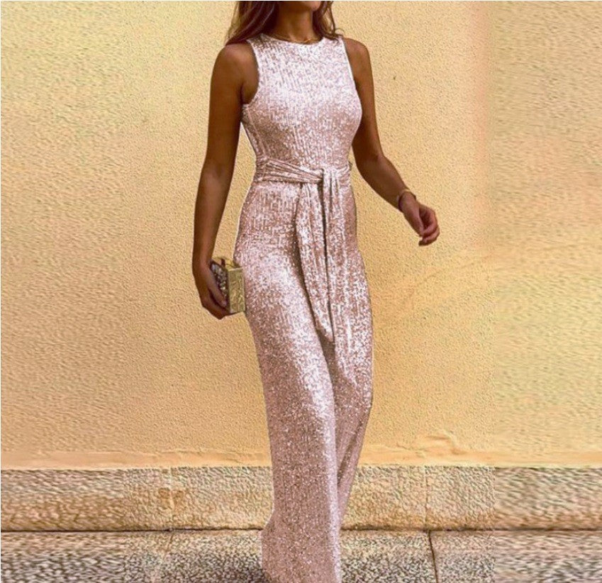 Damen Maxikleid Glänzende Pailletten Elegante Taillenbindung