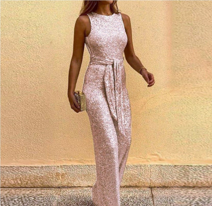 Damen Maxikleid Glänzende Pailletten Elegante Taillenbindung