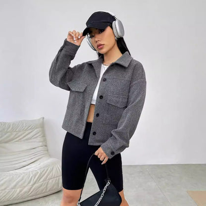 Damen Oversized Jacke Lässig Mit Taschen Button Down Verschluss