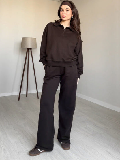 Damen Fleece-Anzug mit Polo-Kragen und geraden Hosen weich