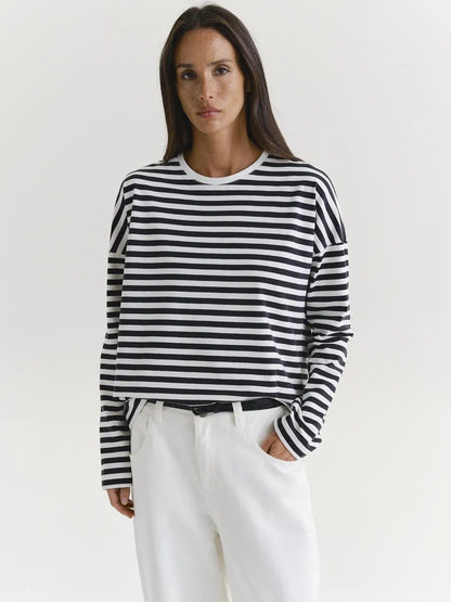 Damen Langarm T-Shirt Streifen Weiss