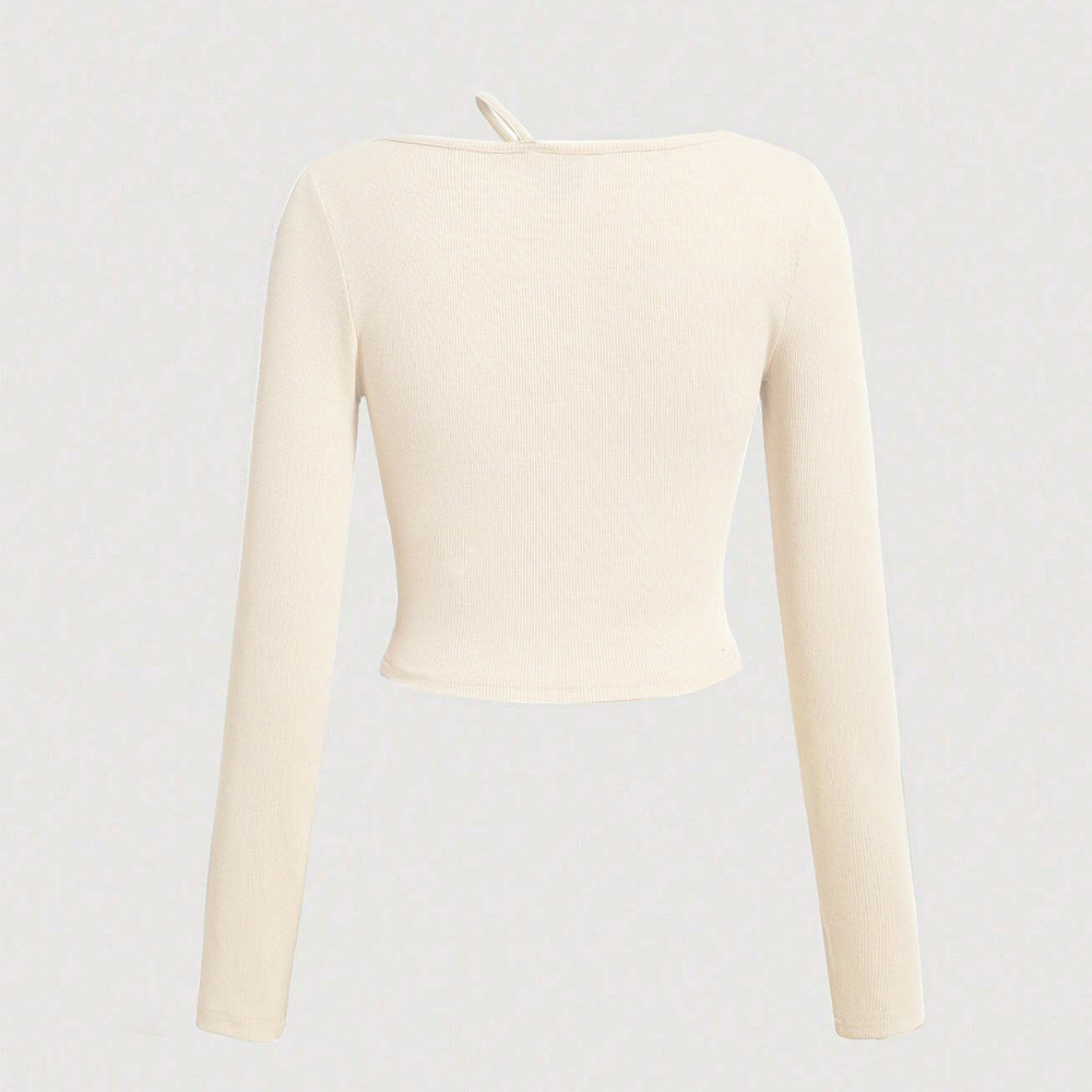 Damen Langarm Crop-Shirt Asymmetrischer Ausschnitt Rippstruktur