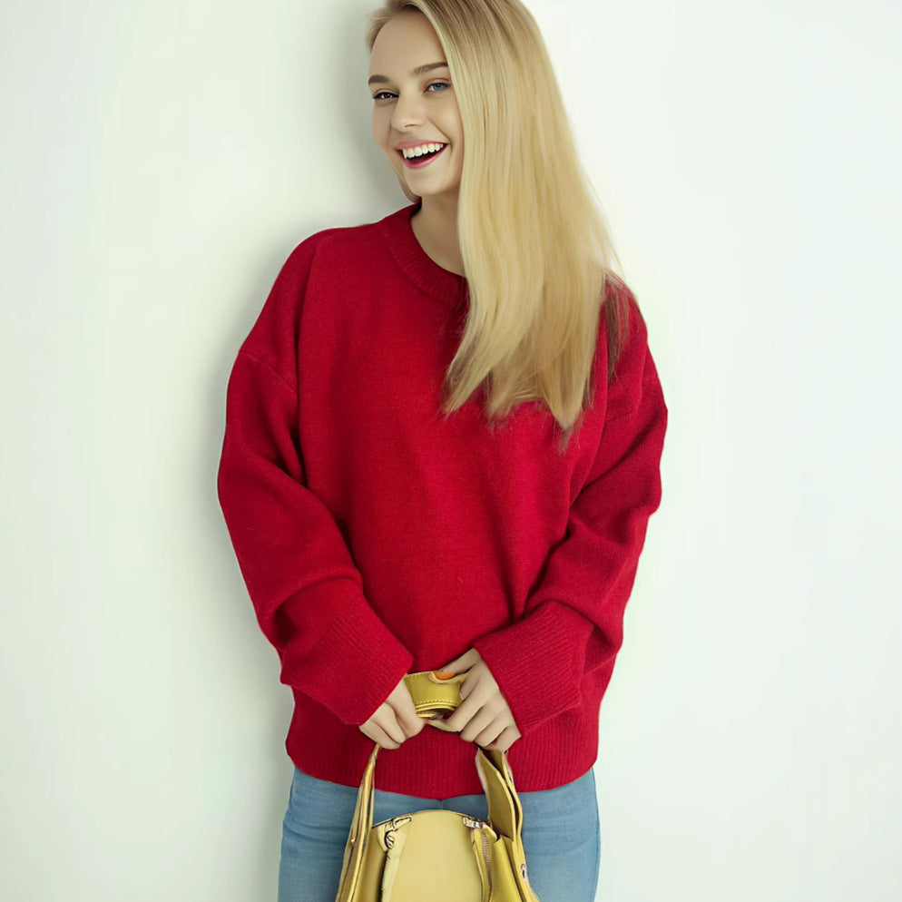 Damen Oversized Strickpullover Weicher Baumwollmix Lässig Beige - Eveloria