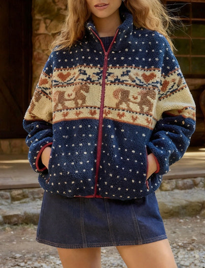 Damen Fleecejacke Tiermuster Hochkragen Eveloria