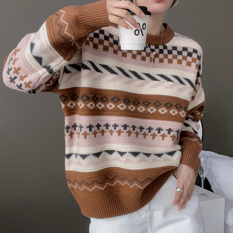 Damen Grobstrickpullover Geometrisches Muster Weit Eveloria