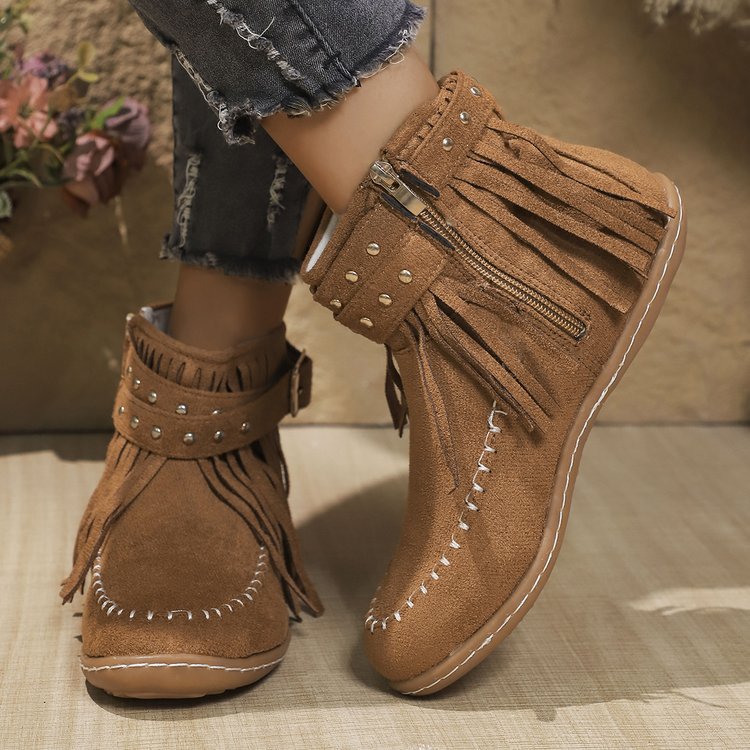 Damen Stiefeletten mit Fransen und Reißverschluss Schwarz - Eveloria