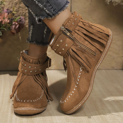Damen Stiefeletten mit Fransen und Reißverschluss Schwarz - Eveloria
