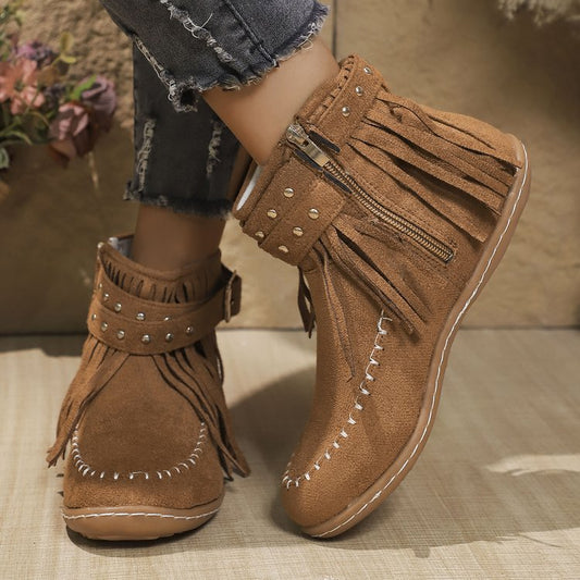 Damen Stiefeletten mit Fransen und Reißverschluss Schwarz - Eveloria