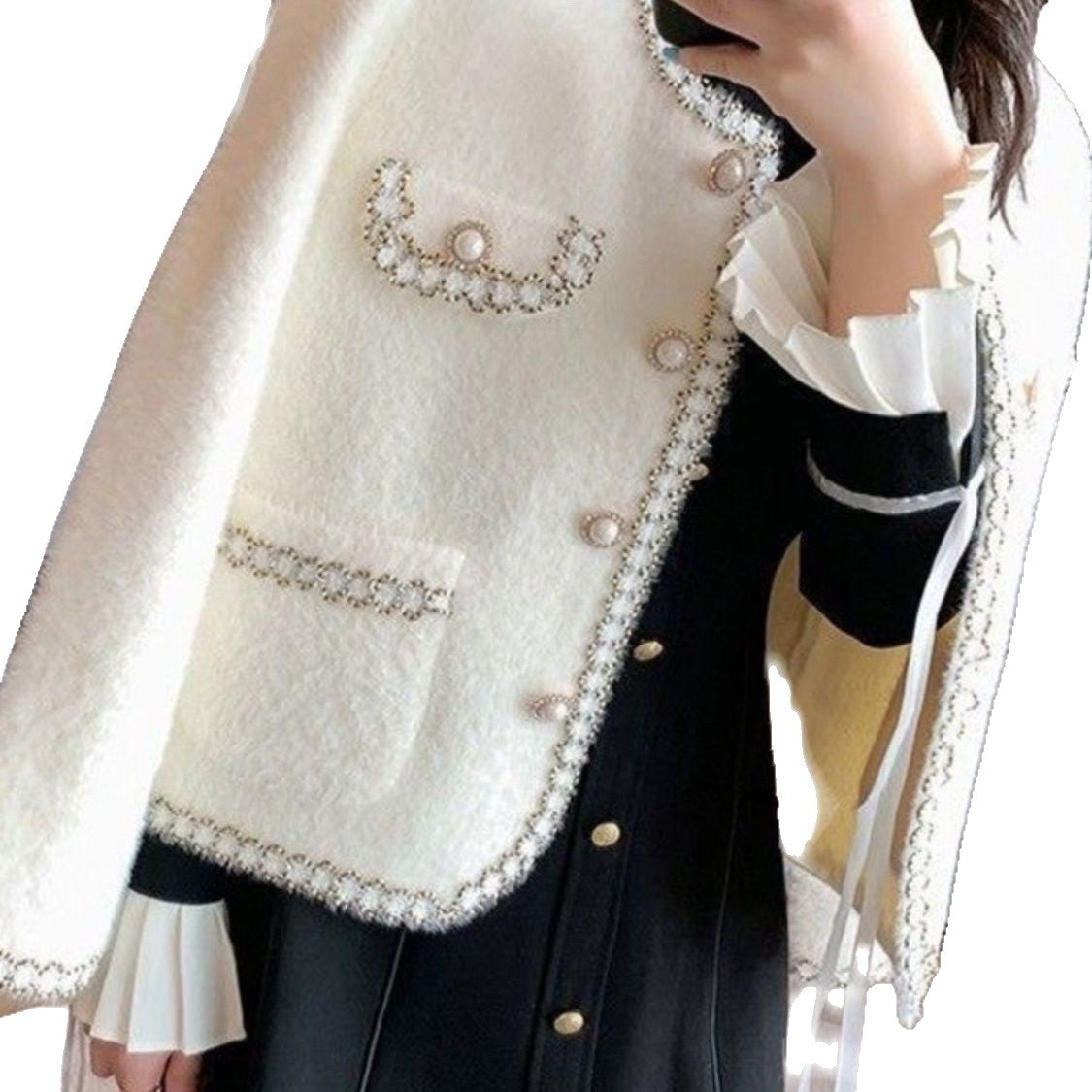 Eveloria Damen Bouclé-Jacke Perlenbesatz Elegantes Design