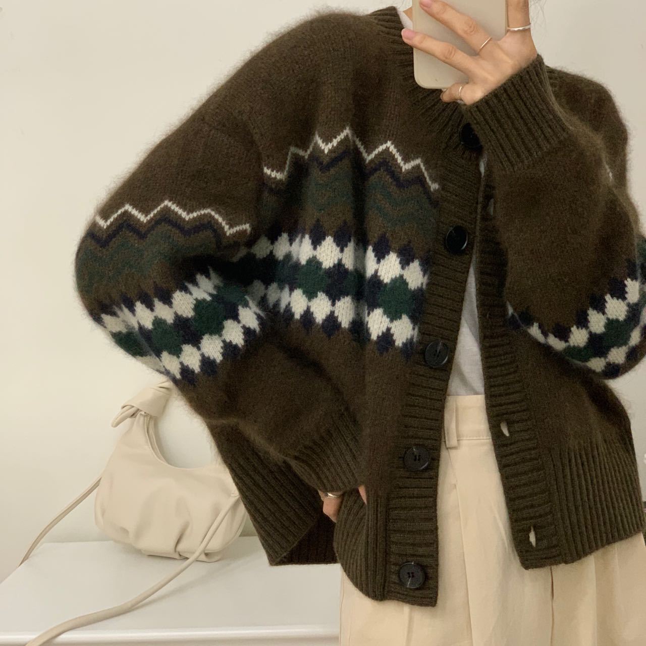 Damen Strickcardigan Kuschelig Ornamente Beige