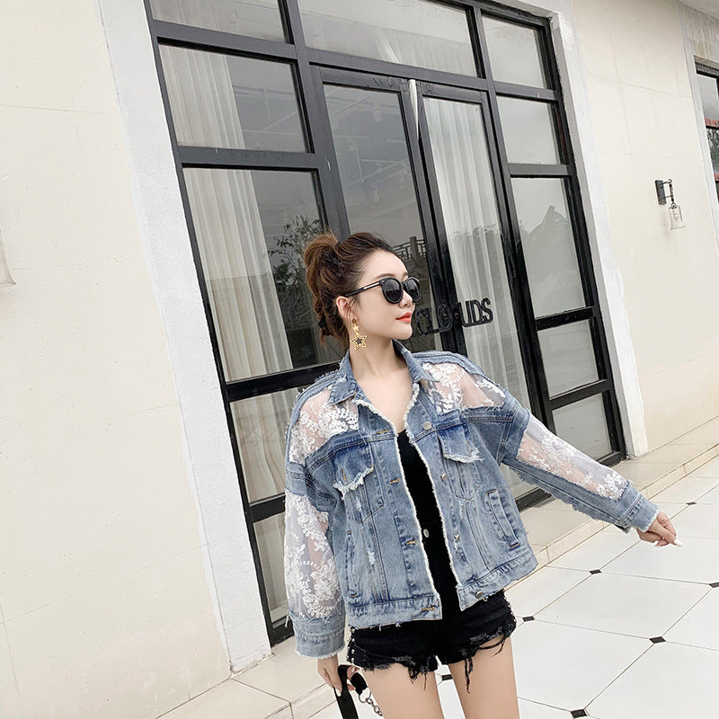 Damen Denimjacke Spitzenverzierung Blau