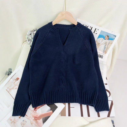 Damen Strickpullover V-Ausschnitt Zopfmuster