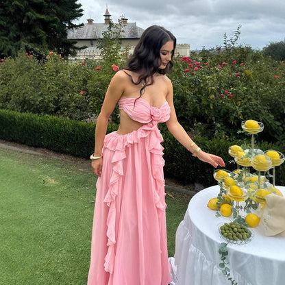 Damen Maxikleid aus Fließendem Stoff mit Rüschendetails und