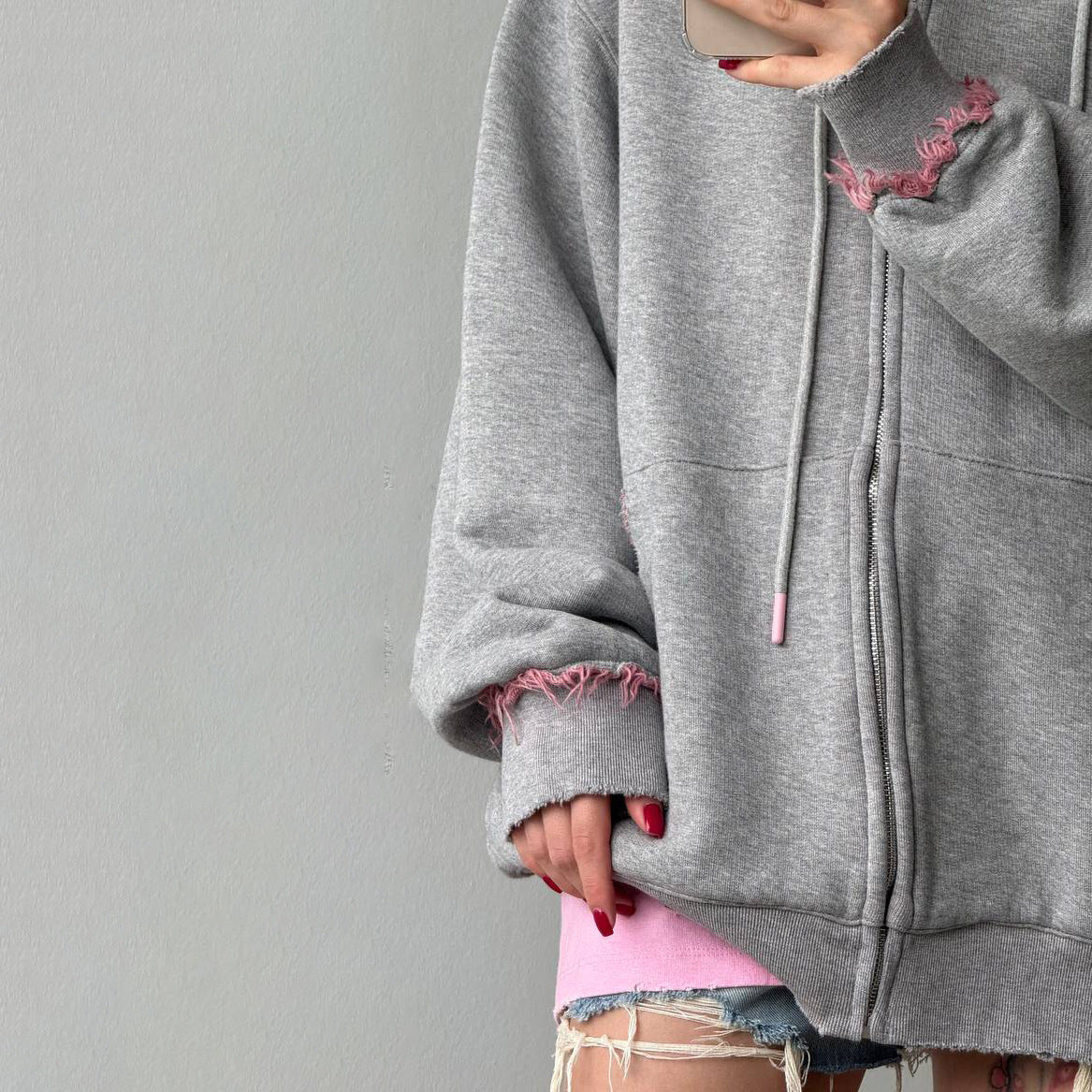 Damen Hoodie Oversized mit Fransen Bequem Grau Eveloria