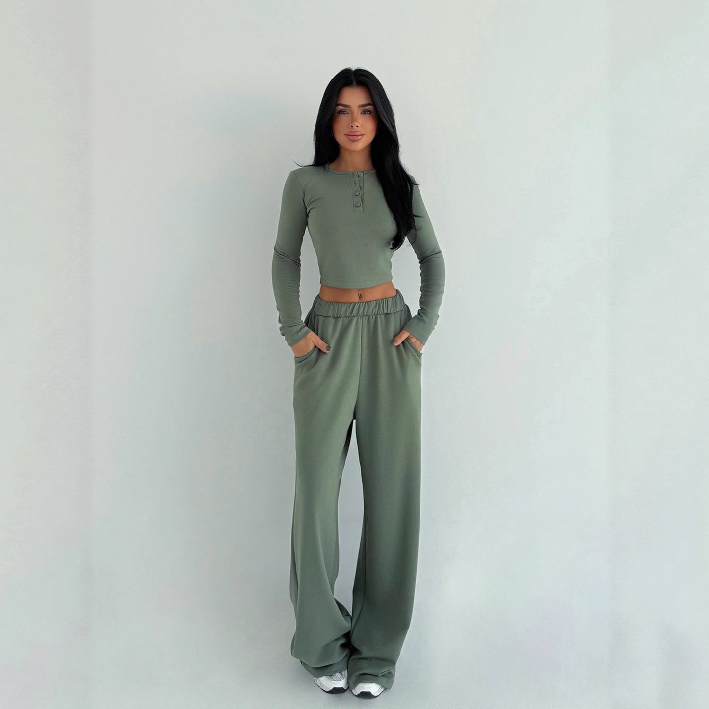Damen Cropped und weite Hose mit Knöpfen