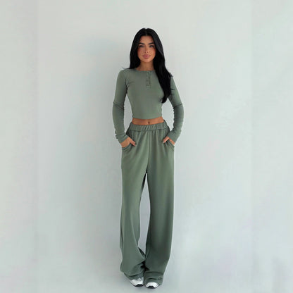 Damen Cropped und weite Hose mit Knöpfen