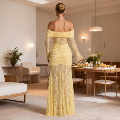 Damen Maxikleid Spitze Raffiniert Schulterfrei