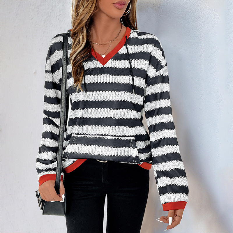 Damen Pullover Baumwolle Gestreift V-Ausschnitt Blau