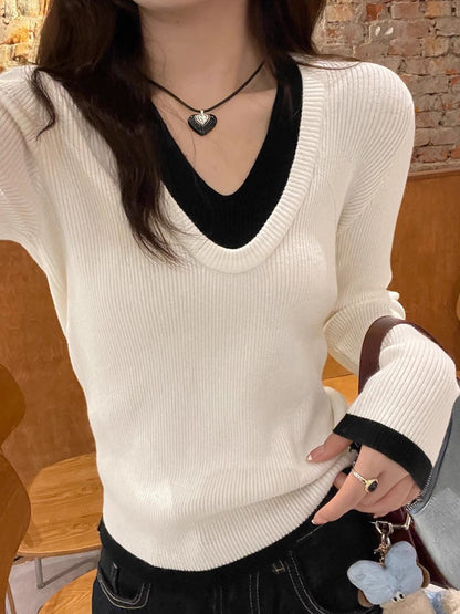 Damen Feinstrickpullover V-Ausschnitt Kontrastbündchen