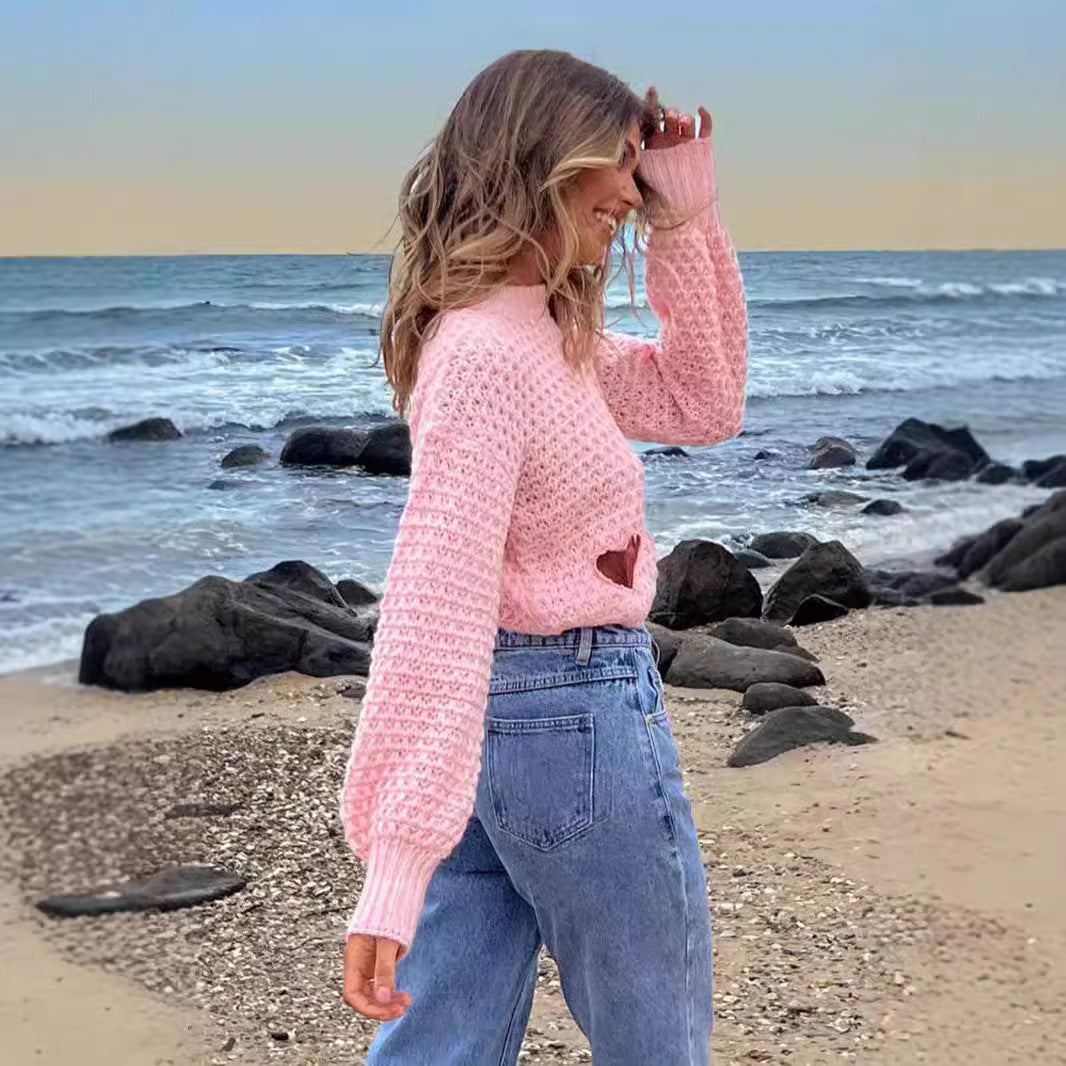 Damen Strickpullover Herz-Ausschnitte Crop-Design