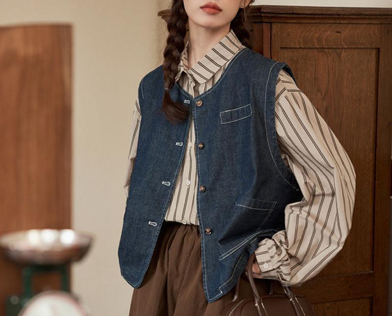 Damen Denimweste Mit Knopfverschluss Und Taschen Blau Eveloria