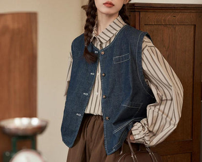 Damen Denimweste Mit Knopfverschluss Und Taschen Blau Eveloria