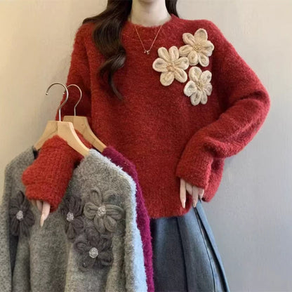 Damen Pullover Florales 3D-Design Kuschelig