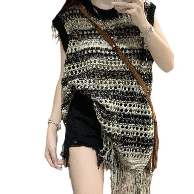 Damen Häkelkleid mit Fransen Modernes Design Luftig Weiß