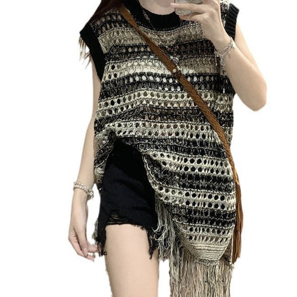 Damen Häkelkleid mit Fransen Modernes Design Luftig Weiß
