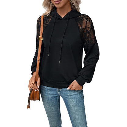 Damen Hoodie Spitzeneinsätze Lässiger Schnitt Grau Eveloria