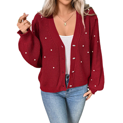 Damen Cardigan Gestrickt Perlen Dekoration Beige