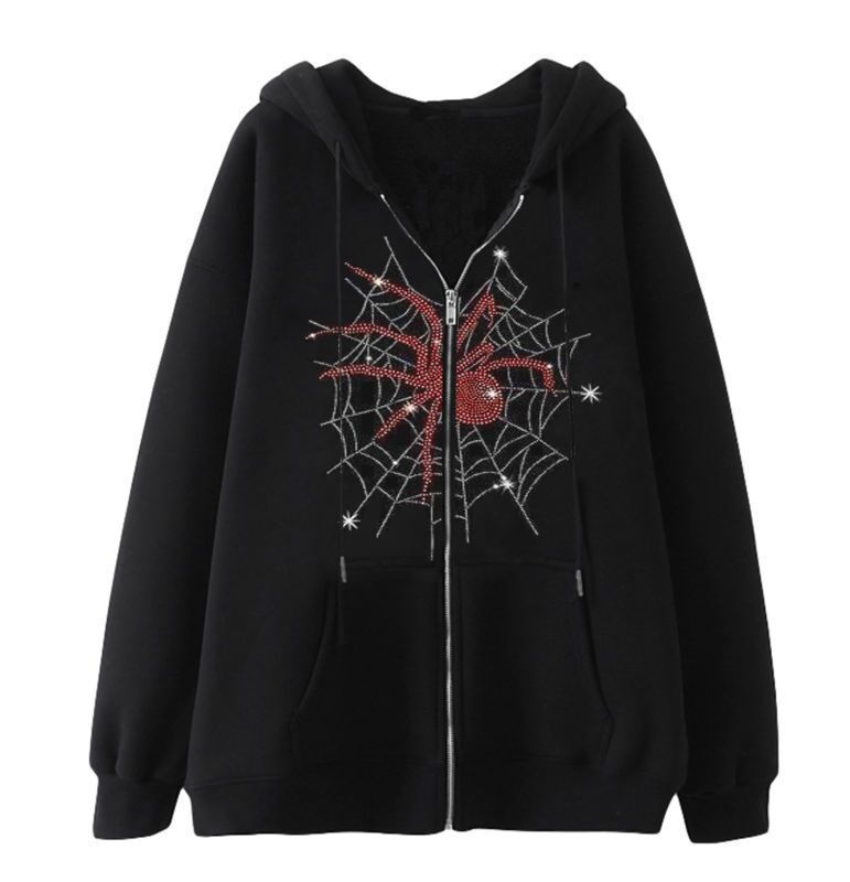 Damen Kapuzenjacke Spinnenmotiv Funktions-Taschen Schwarz Eveloria - Eveloria