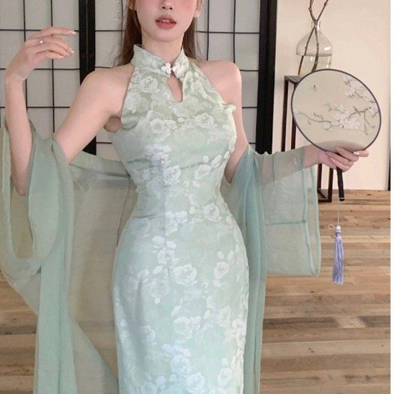 Damen Abendkleid Hochkragen Floralmuster Eveloria - Eveloria